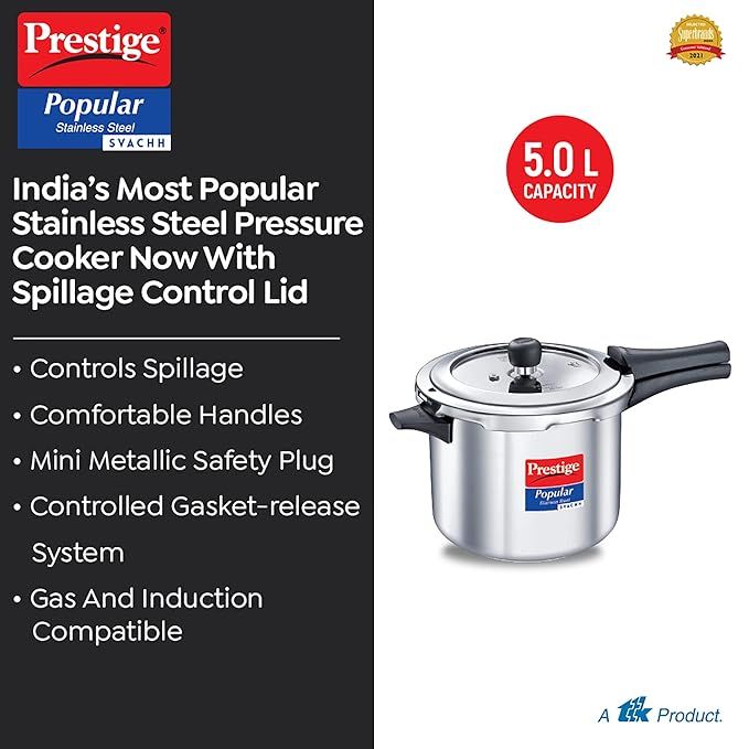 Prestige Popular Svachh Stainless Steel Pressure Cooker 5L