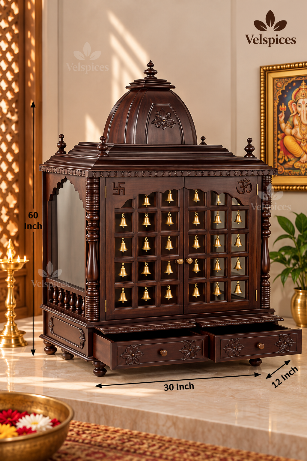 Bhakti Temple AET134 Dark Brown Sesame/Veneer Wood Mandir with Bells 30 x 12 x 60 Inch