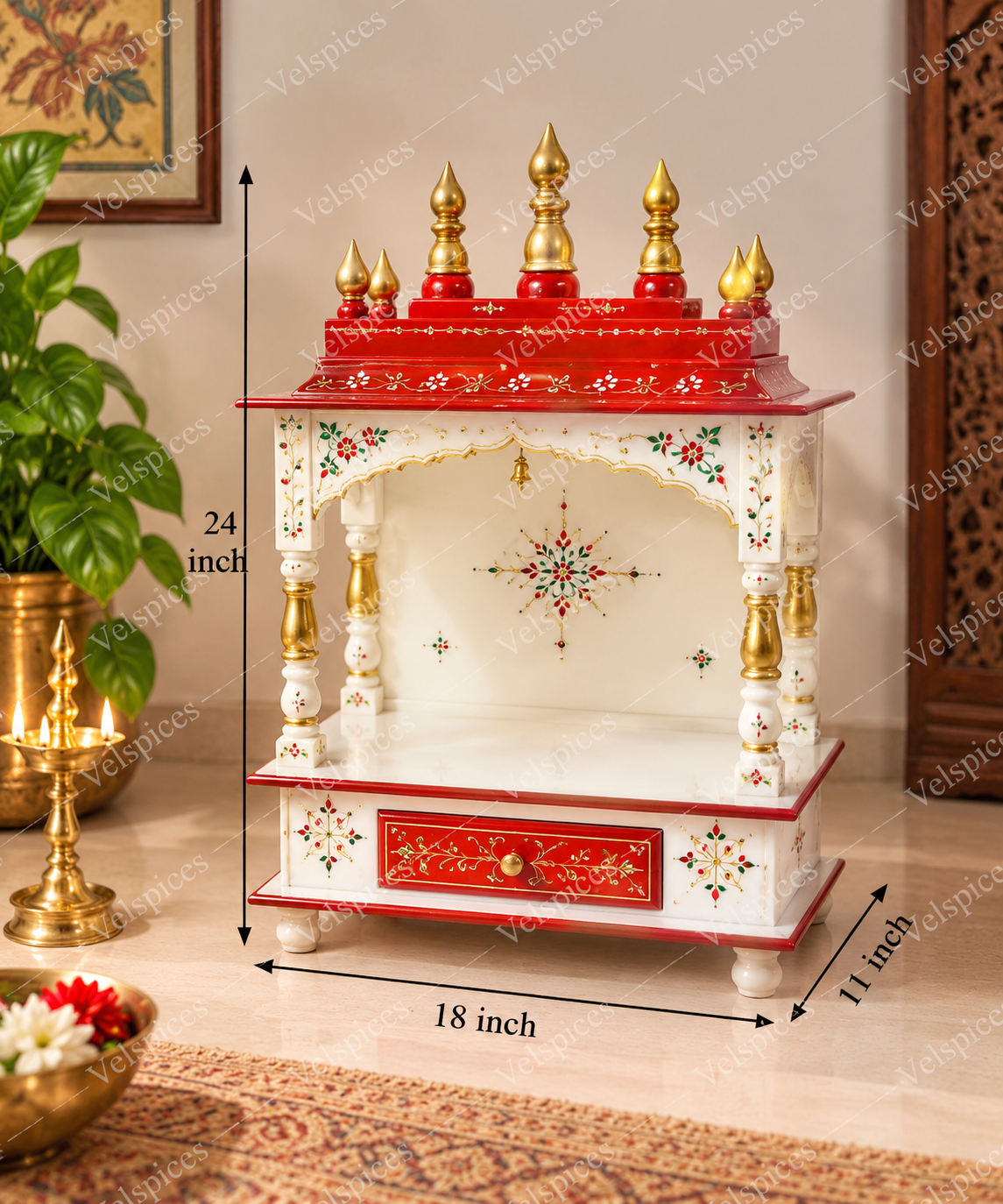Bhakti Temple AET13 White & Red MDF/Mango Wood Mandir 18 x 11 x 24 Inch