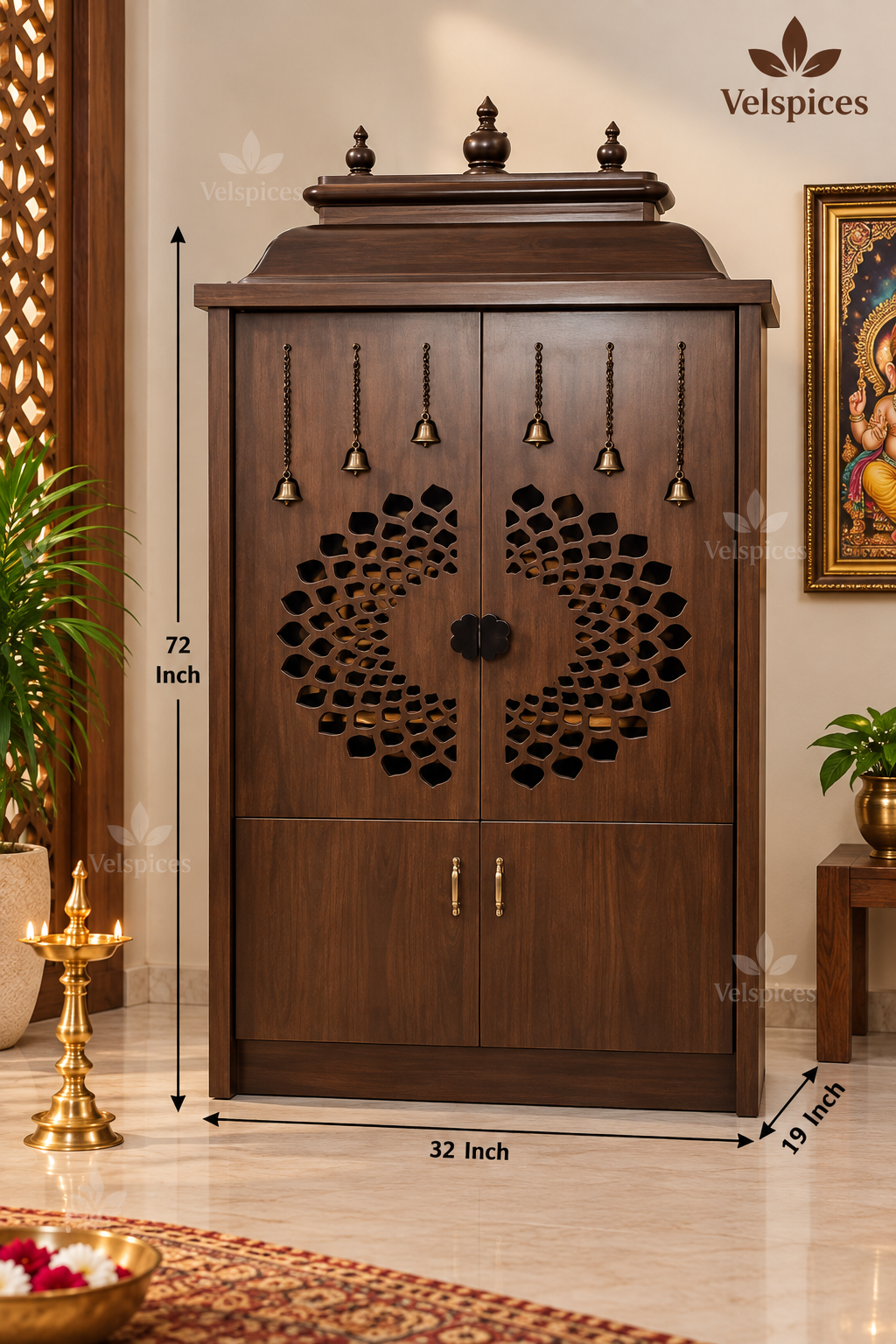 Bhakti Temple AET123 Dark Brown Sesame/Veneer Wood Mandir 32 x 19 x 72 Inch