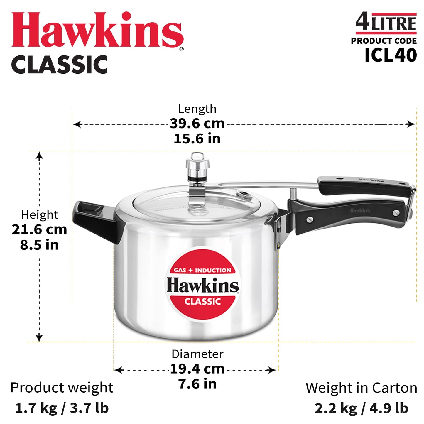 Hawkins 4 Litre Classic Induction Aluminium Pressure Cooker
