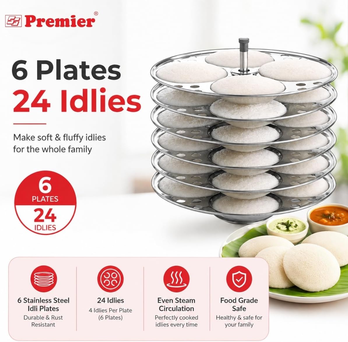 Premier Stainless Steel Idli Stand 6 Plates