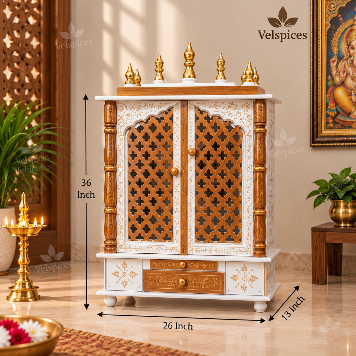 Bhakti Temple AET112 White & Gold MDF/Mango Wood Mandir 26 x 13 x 36 Inch