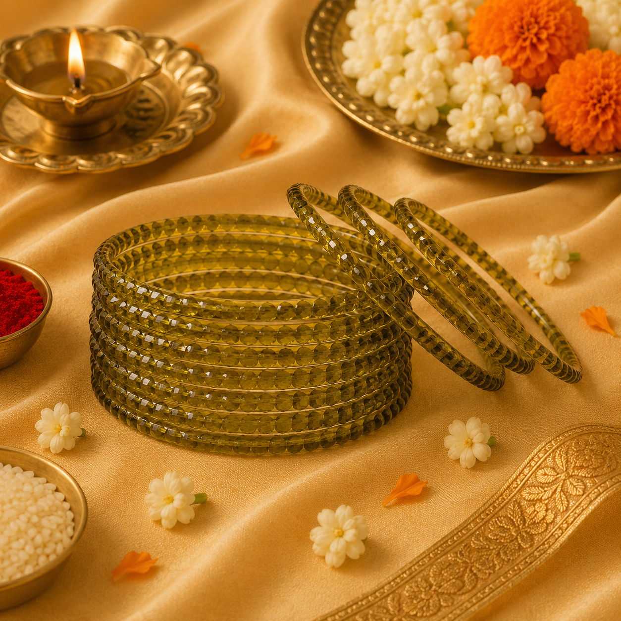 Mehendi Olive Beaded Glass Bangles
