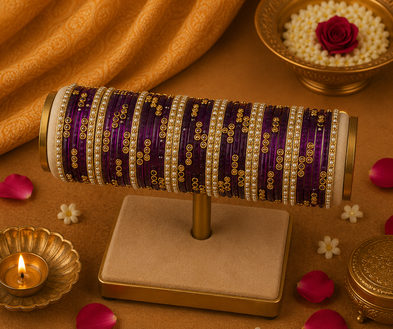 Glass Purple Bangles - with white border bangles (36 bangles total)
