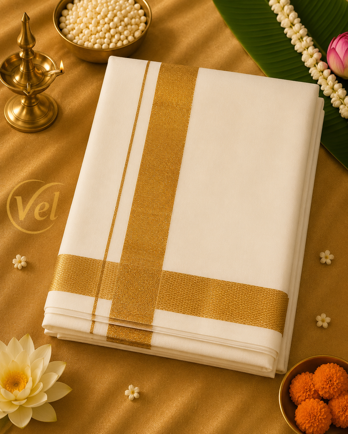 Veena 3" Gold Double Dhothi 127cm x 4m
