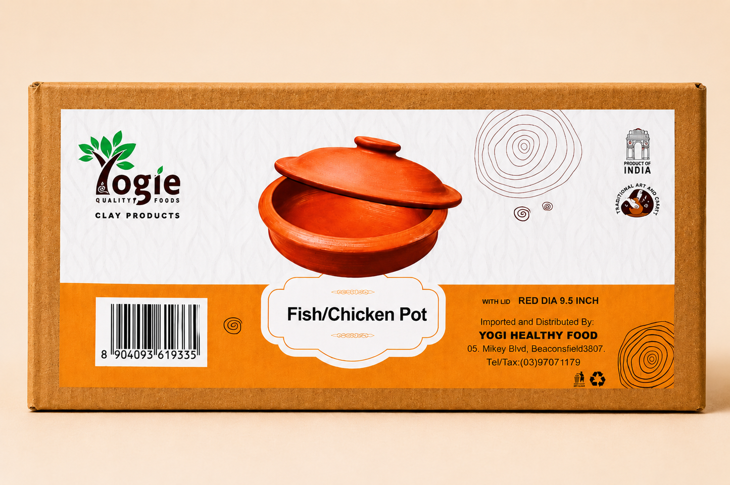 Yogie Fish Curry Pot With Lid 9.5 Inch Red Clay