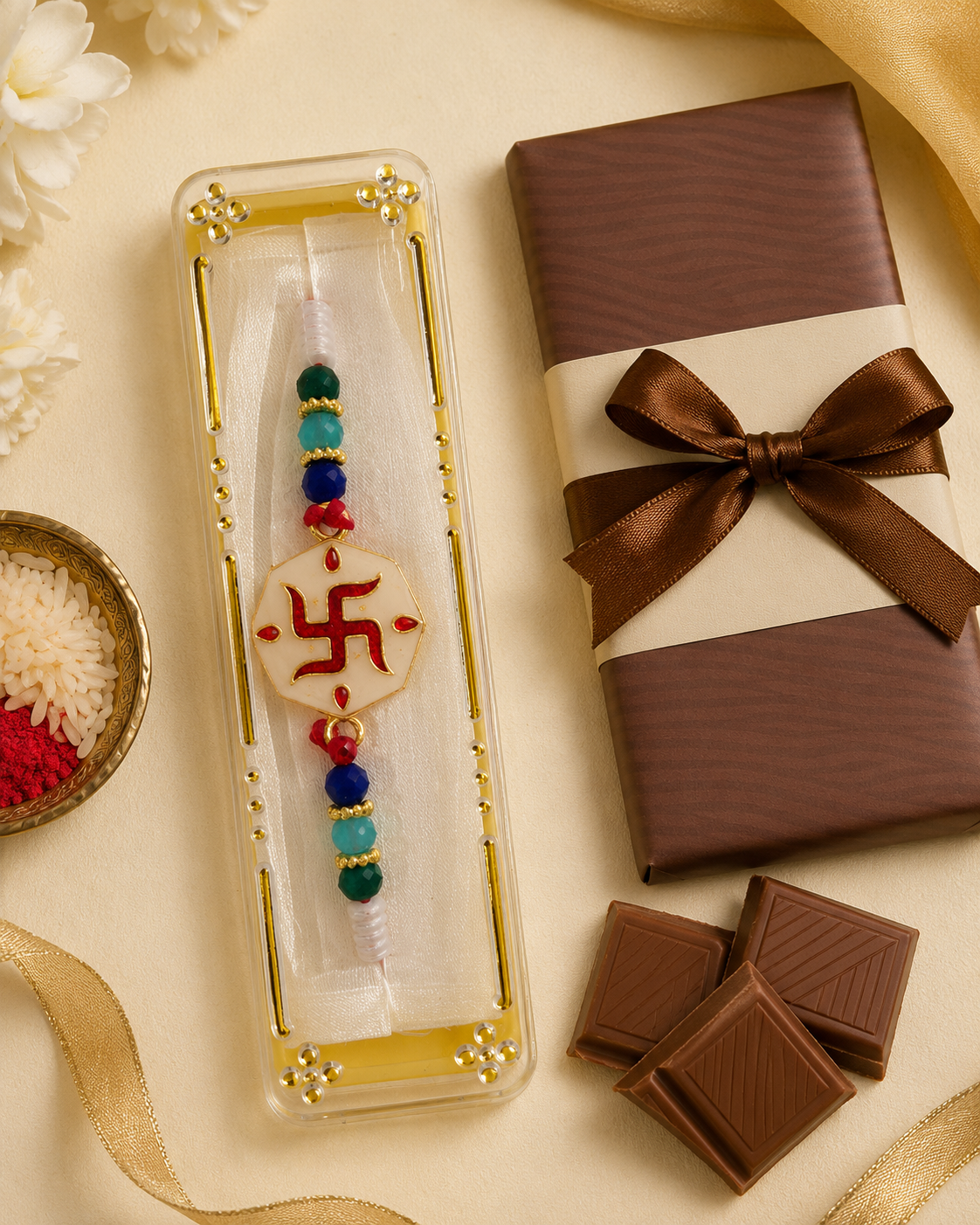 Rakhi/ Raki Multi Colour Swastik with Beads (Online exclusive)