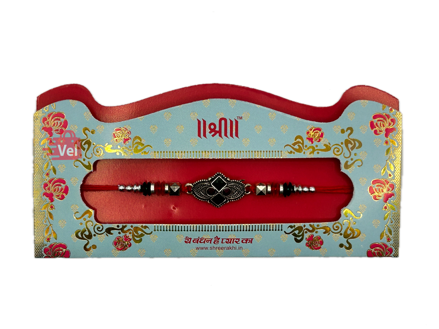 Silver rakhi with red stones (Online exclusive)