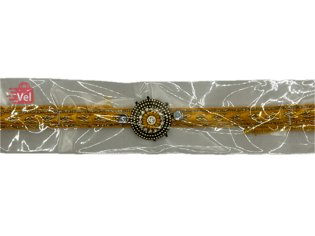 Yellow threaded rakhi with green stones (Online exclusive)