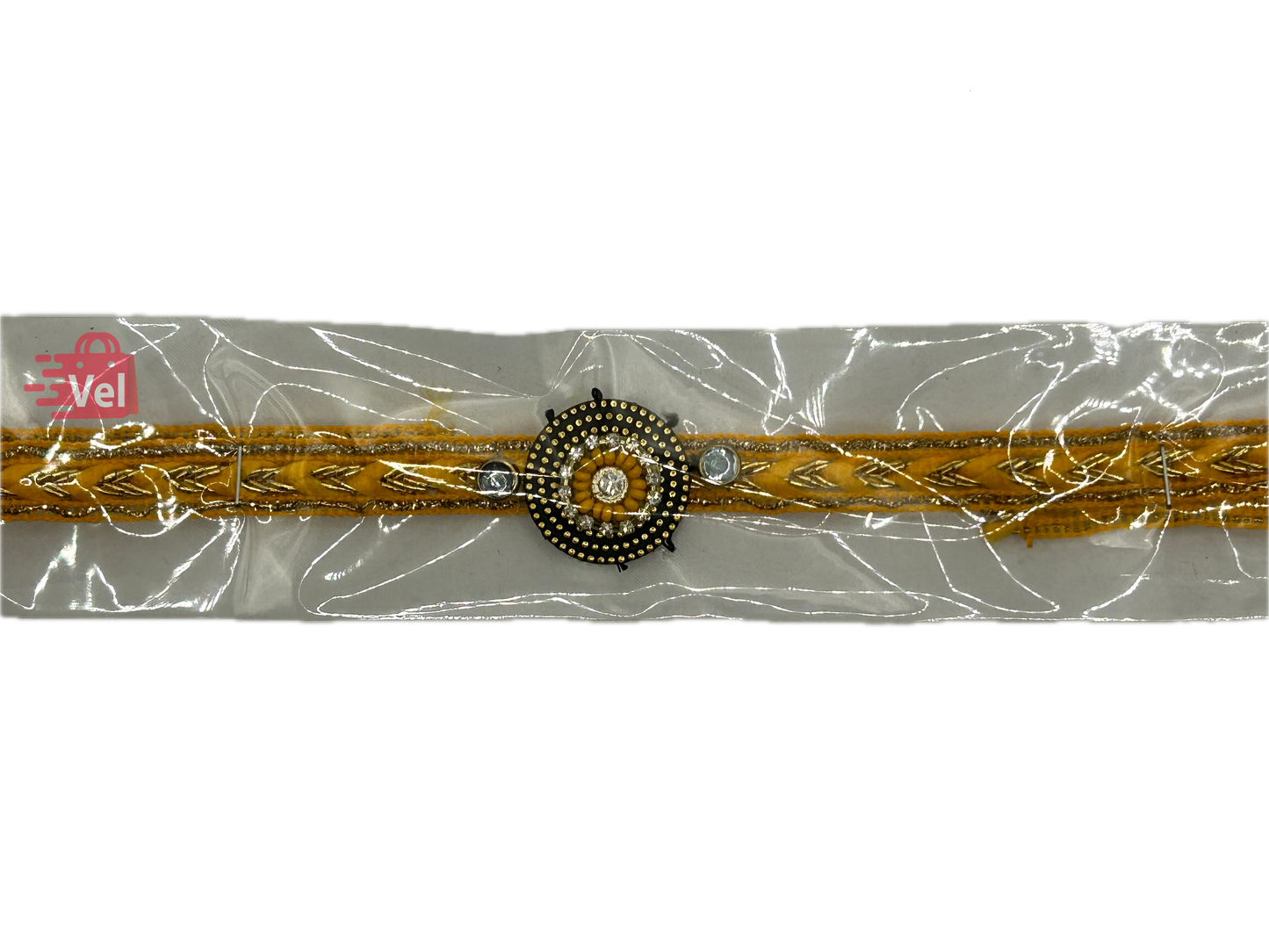 Yellow threaded rakhi with green stones (Online exclusive)