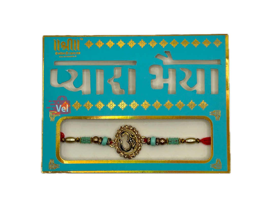 Golden om rakhi with blue stones (Online exclusive)
