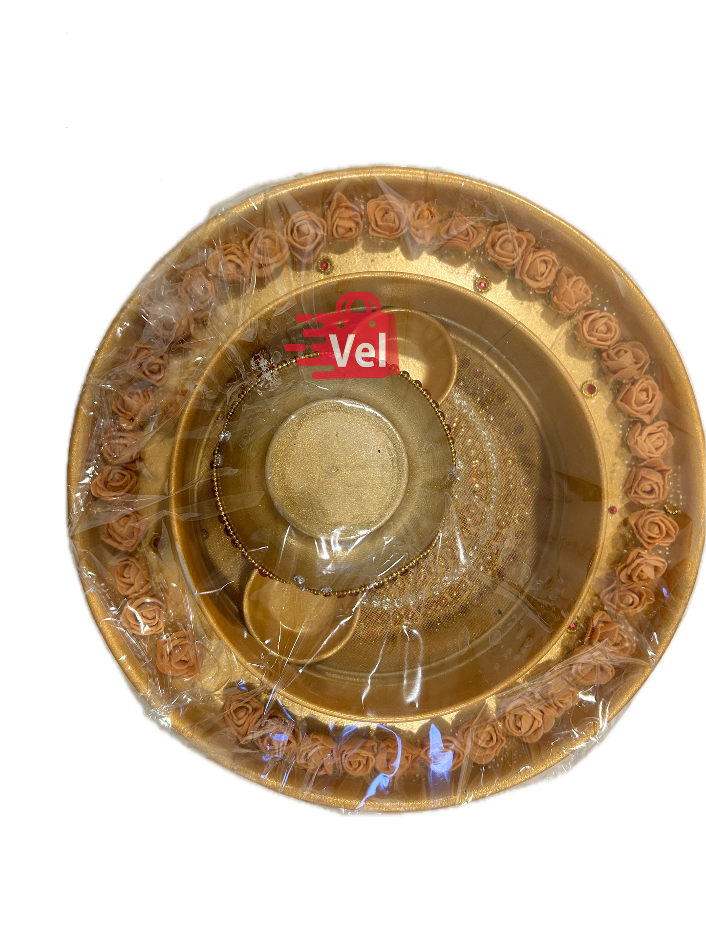 Karwa Chauth Puja Set – Golden with flowers Thali, Mitti Karwa & Channi | Elegant Vrat Kit