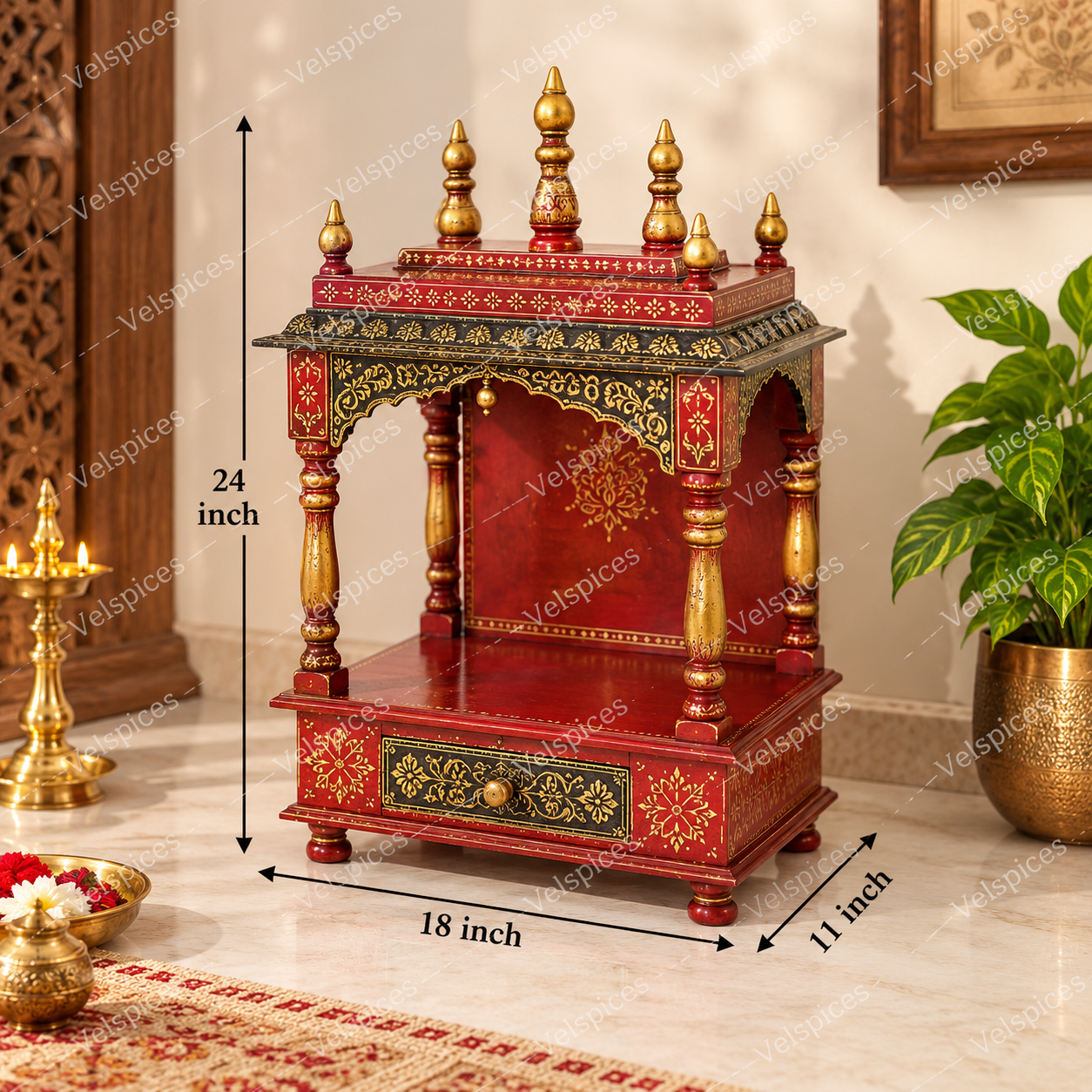 Bhakti Temple AET09 MDF & Mango Wood Red/Green Mandir 18 x 11 x 24 Inch