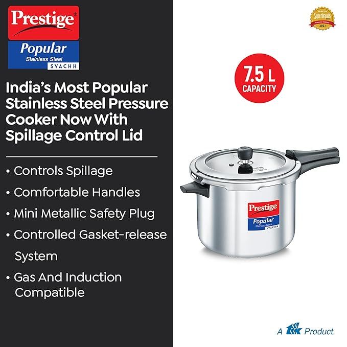 Prestige Popular Svachh Stainless Steel Pressure Cooker 7.5L