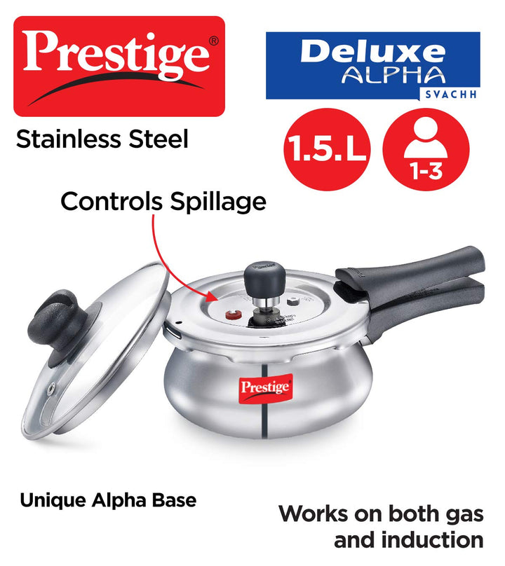 Prestige Deluxe Alpha SVACHH Stainless Steel Handi Pressure Cooker 1.5 Litre with Glass Lid
