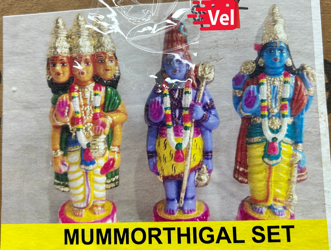 Mummoorthigal Set Golu Dolls / Kolu Dolls / Gollu Statues – Trimurti Brahma Vishnu Shiva Clay Figurines for Navaratri Golu Display (Handcrafted)