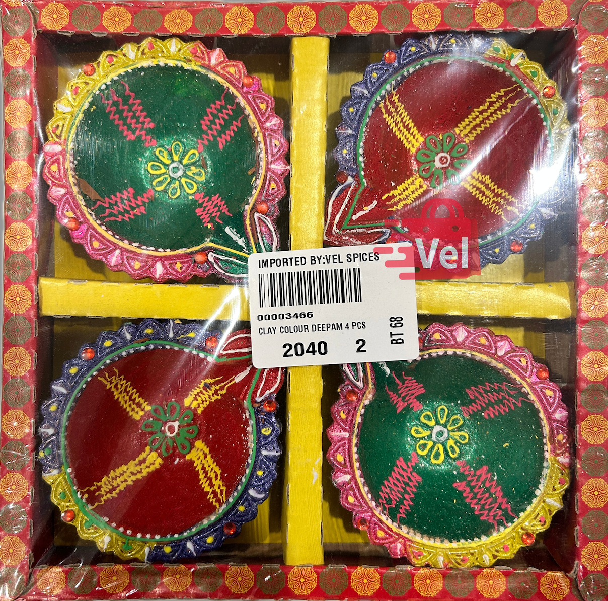 Diya Set of 4 – Red-Blue & Green-Yellow-Pink Mix with Yellow Line Pattern | Decorative Tealight Diyas for Diwali Pooja & Home Decor