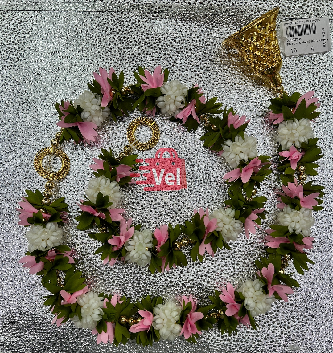 Plastic Flower Garland with Pink and Green Flowers 4 Feet Long Decorative Mala for Festivals, Puja & Home