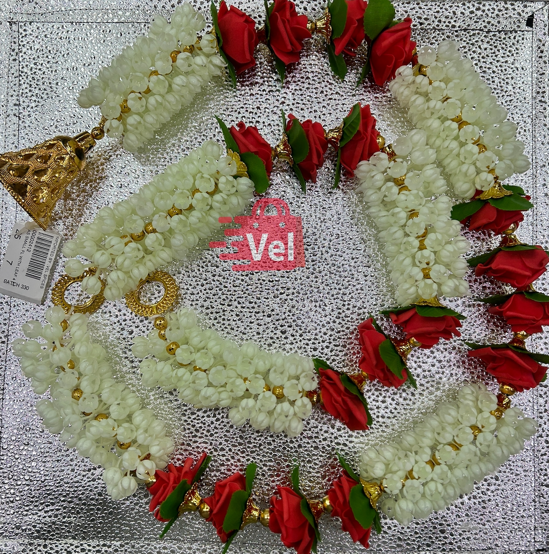 Plastic Flower Garland with Red Rose Flower 4 Feet Long Decorative Mala for Festivals, Puja & Home