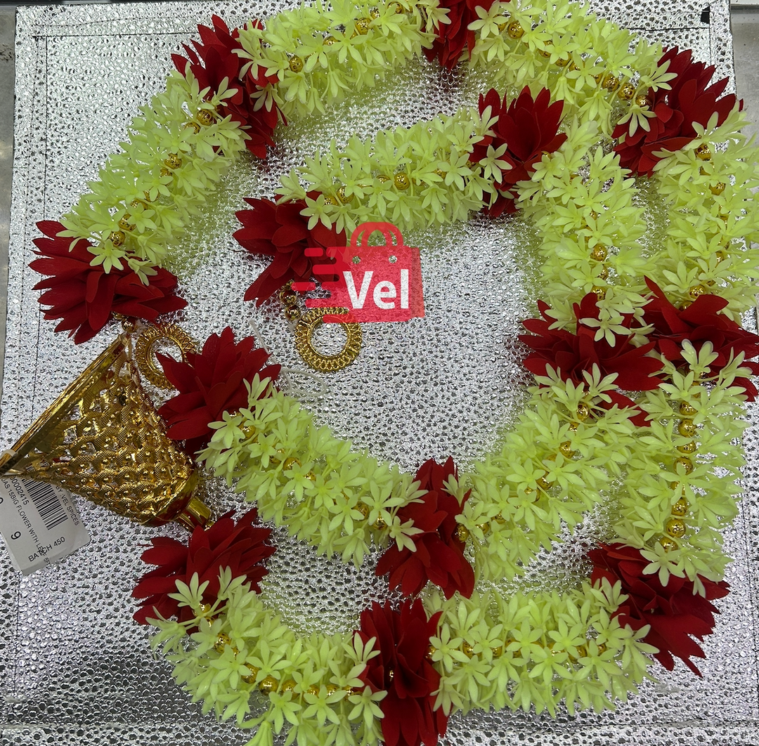 Plastic Flower Garland with Red flower 4 Feet Long Decorative Mala for Festivals, Puja & Home