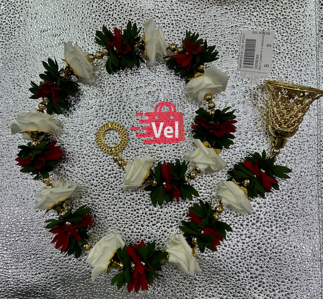 Plastic White and Red Flower Garland 3 Feet Long Decorative Mala for Festivals, Puja & Home