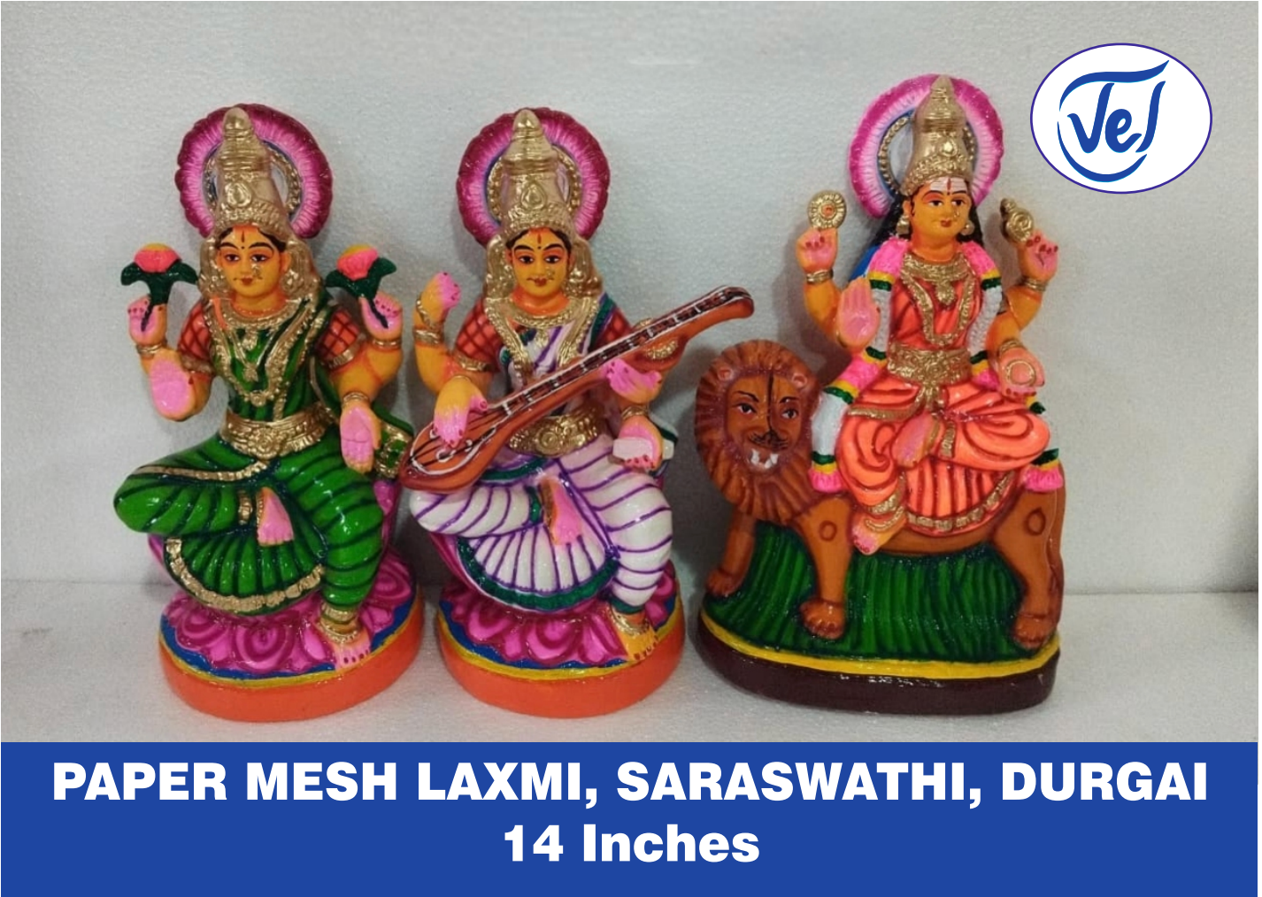 Kolu Dolls Lakshmi Saraswathi Durgai (Goddesses Lakshmi, Saraswati and Durga) Set 14 Inch Paper Mache