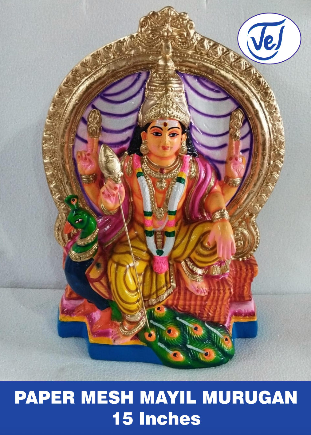 Kolu Dolls Mayil Murugan (Lord Murugan with Peacock) 15 Inch Paper Mache