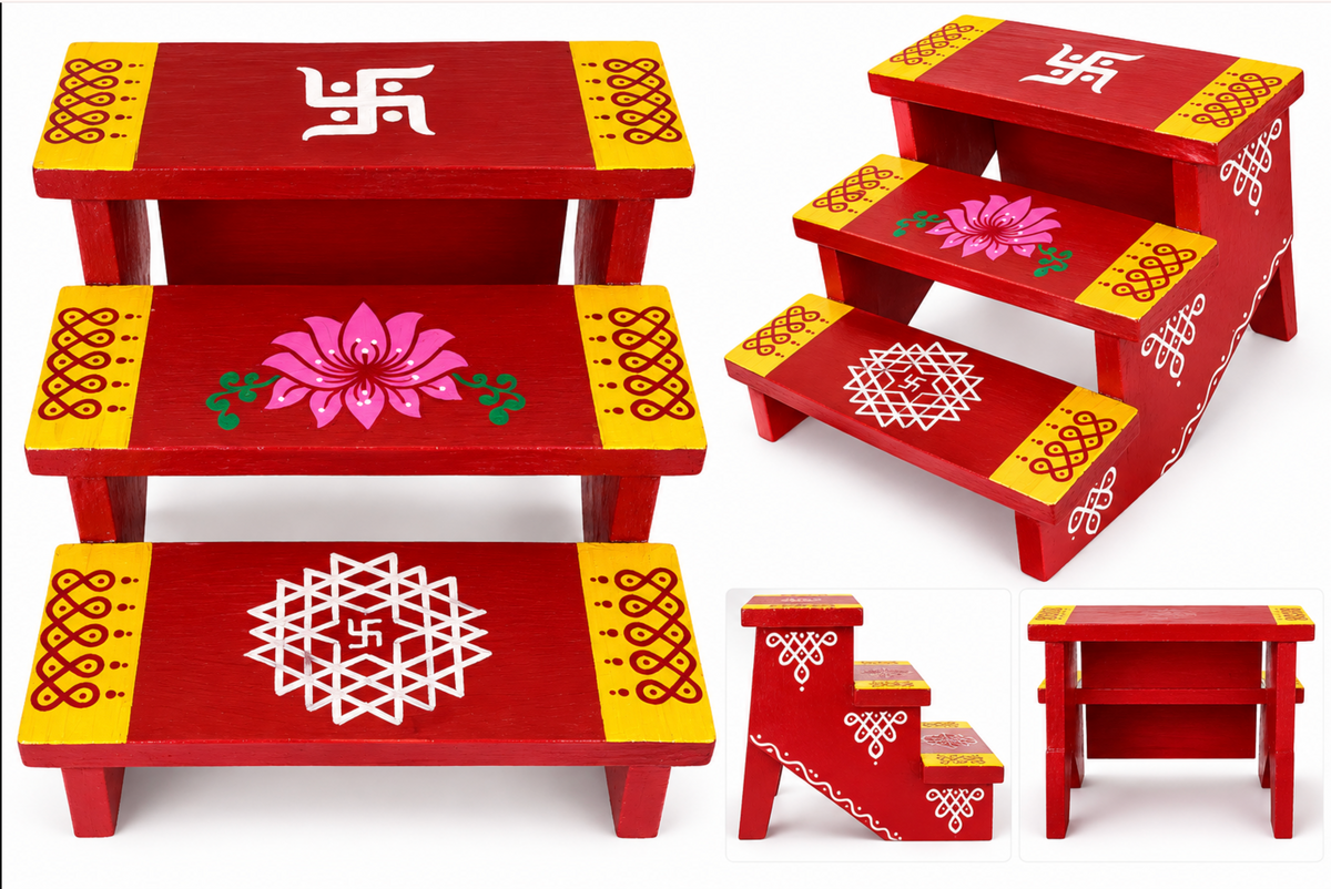 Red 3-Steps Golu Stand with Kolam Design (Pre-order 2 weeks before)