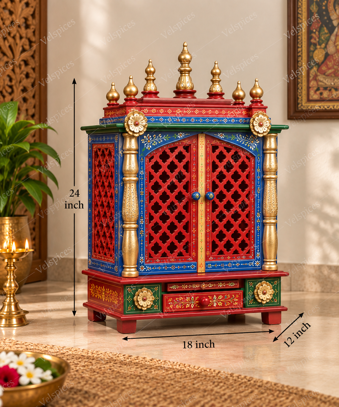 Bhakti Temple AET21 Red, Gold & Blue MDF/Mango Wood Mandir 18 x 12 x 24 Inch