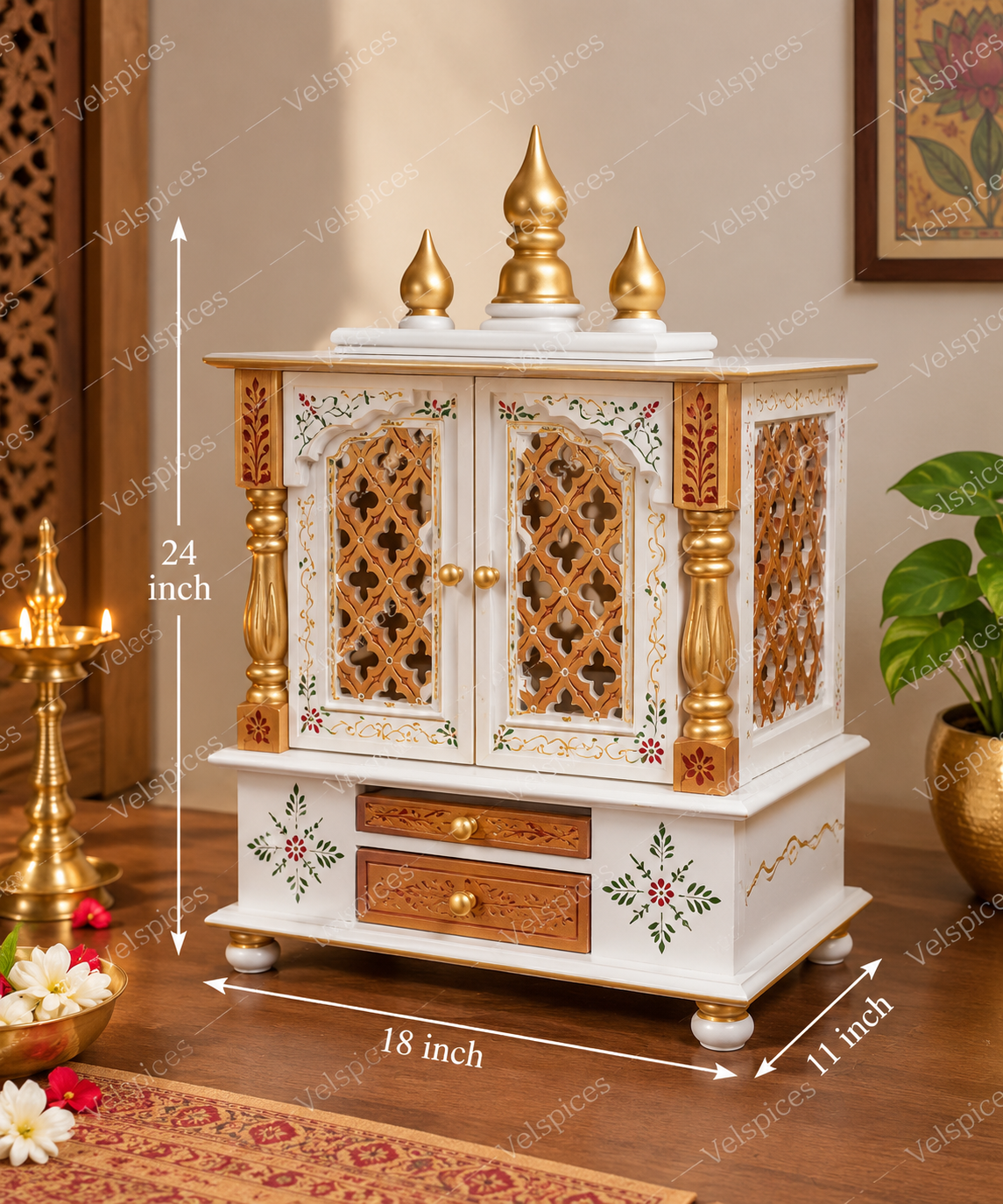 Bhakti Temple AET16 White & Gold MDF/Mango Wood Mandir 18 x 11 x 24 Inch