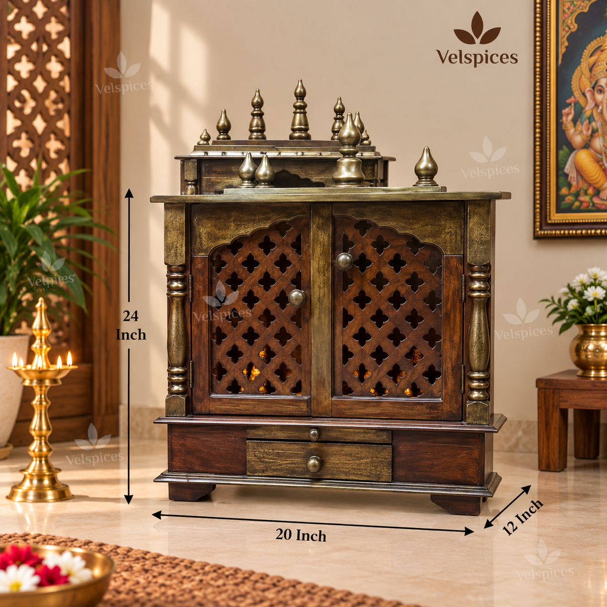 Bhakti Temple AET108 Dark Brown & Gold MDF/Mango Wood Mandir 20 x 12 x 24 Inch