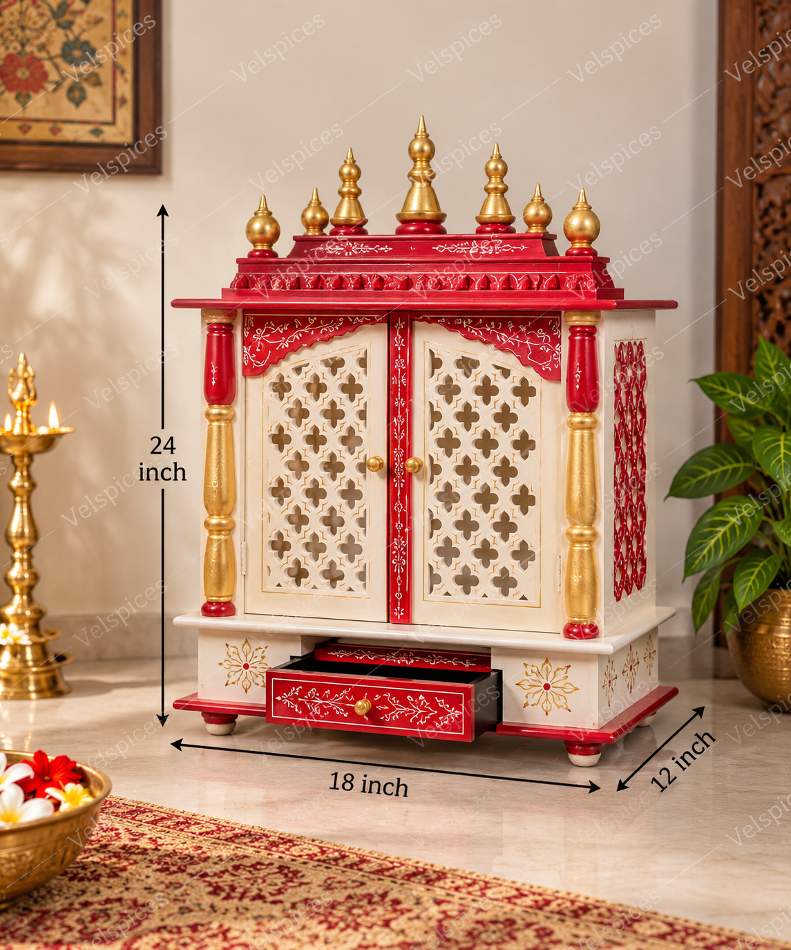 Bhakti Temple AET18 Red & White MDF/Mango Wood Mandir 18 x 11 x 24 Inch