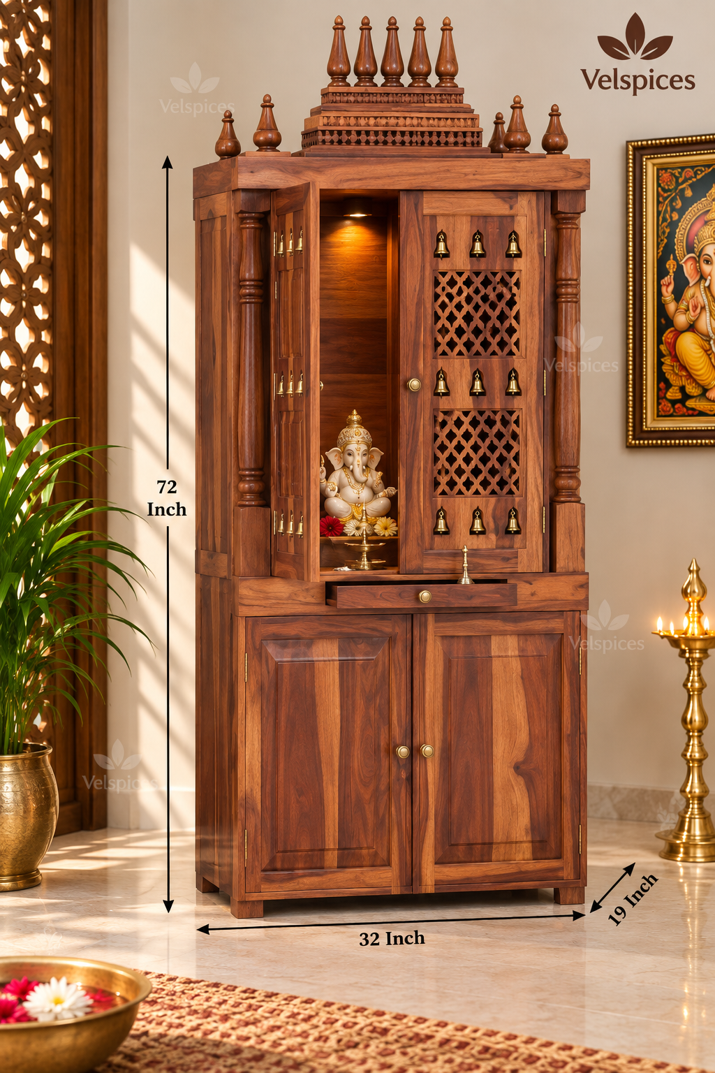 Bhakti Temple AET121 Light Brown Sesame/Veneer Wood Mandir 32 x 19 x 72 Inch