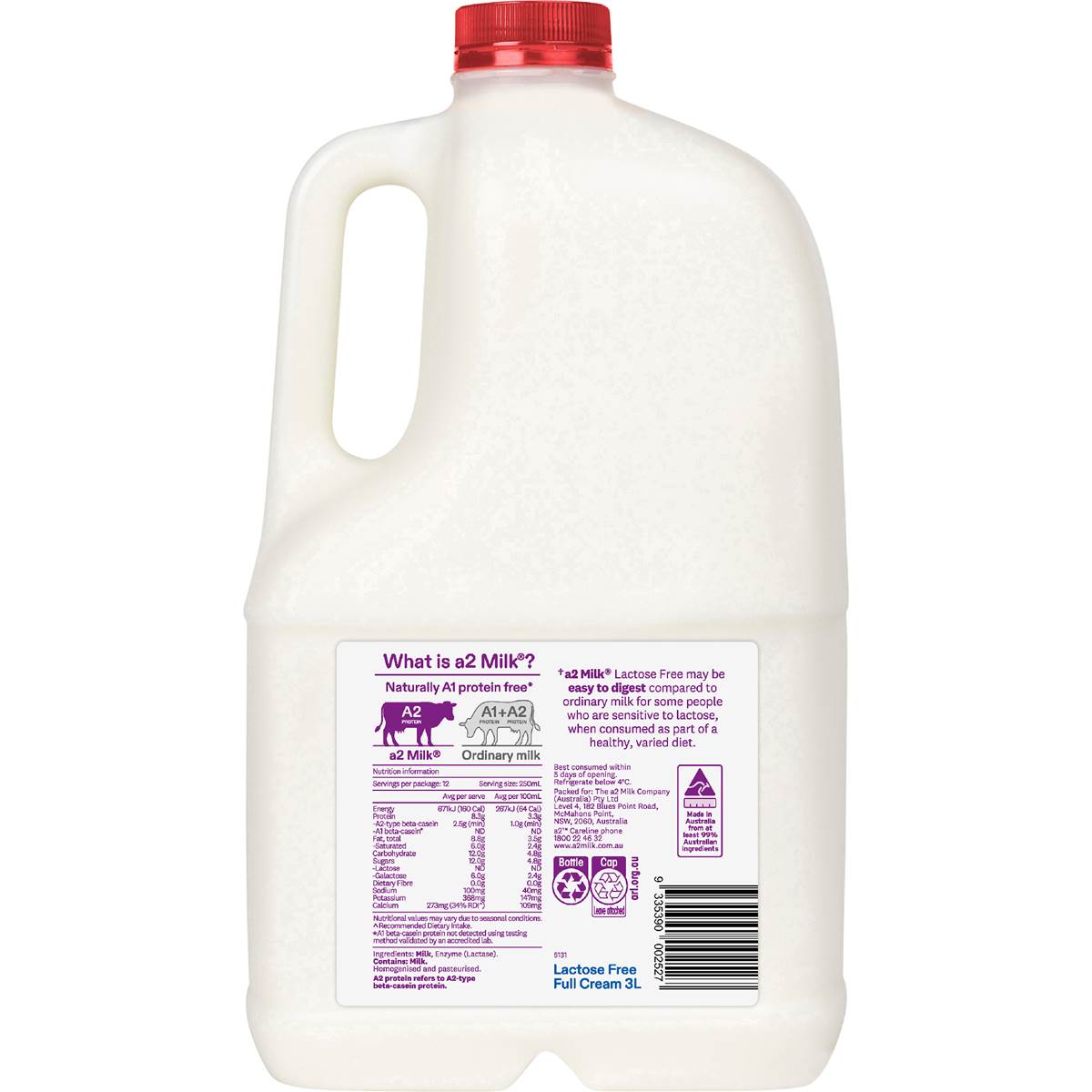 a2 Milk Lactose Free Full Cream 3L