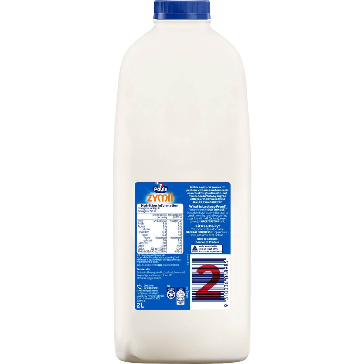 Pauls Zymil Lactose Free Full Cream Milk 2L