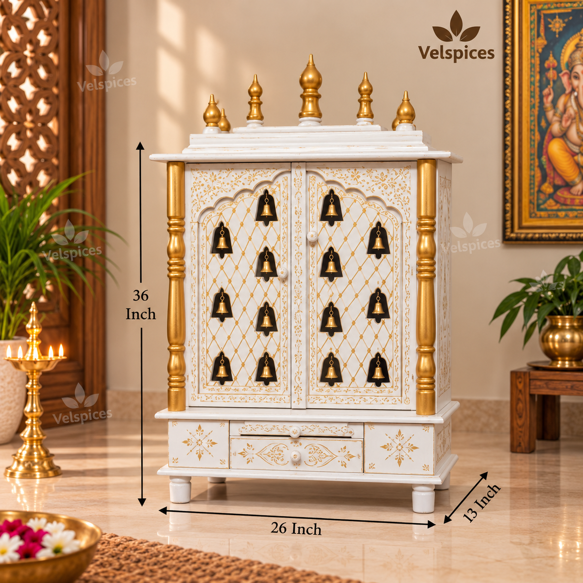 Bhakti Temple AET111 White & Gold MDF/Mango Wood Mandir with Bells 26 x 13 x 36 Inch