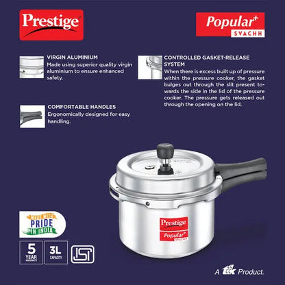 Prestige Popular + Svachh 3L Virgin Aluminium Spillage Control Pressure Cooker