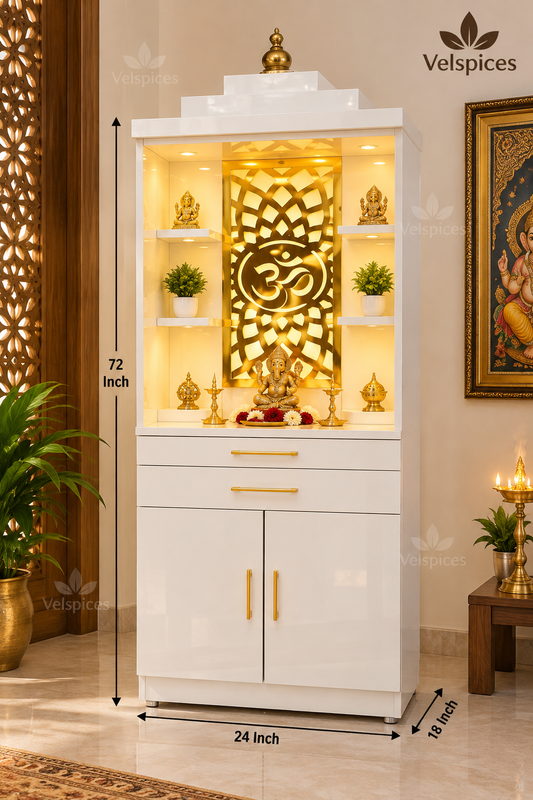 Bhakti Temple AET113 White & Gold Sesame/Veneer Wood Mandir 24 x 18 x 72 Inch