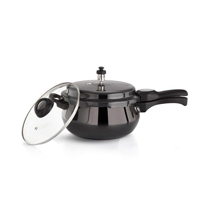 Premier Cucina Trendy Black Hard Anodized Induction Bottom Handi Pressure Cooker 1.5 Liter With Glass Lid