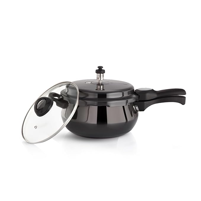 Premier Cucina Trendy Black Hard Anodized Induction Bottom Handi Pressure Cooker 1.5 Liter With Glass Lid