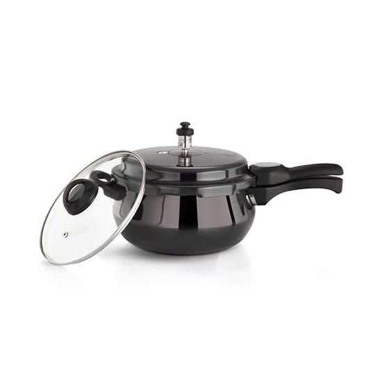 Premier Cucina Trendy Black Hard Anodized Induction Bottom Handi Pressure Cooker 1.5 Liter With Glass Lid