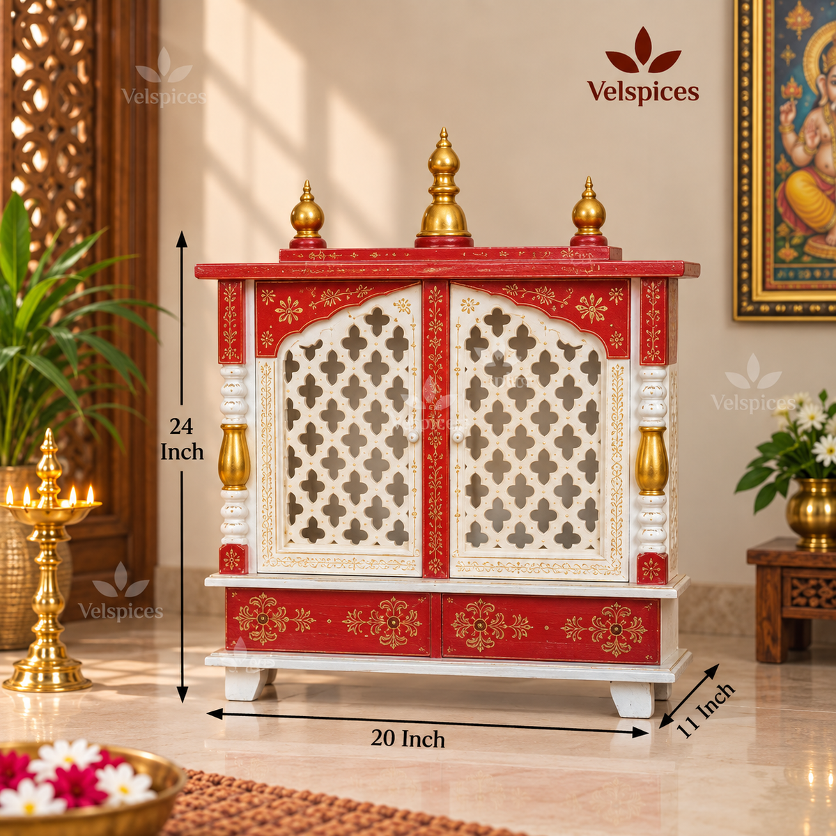Bhakti Temple AET53 White & Red MDF/Mango Wood Mandir 20 x 11 x 24 Inch