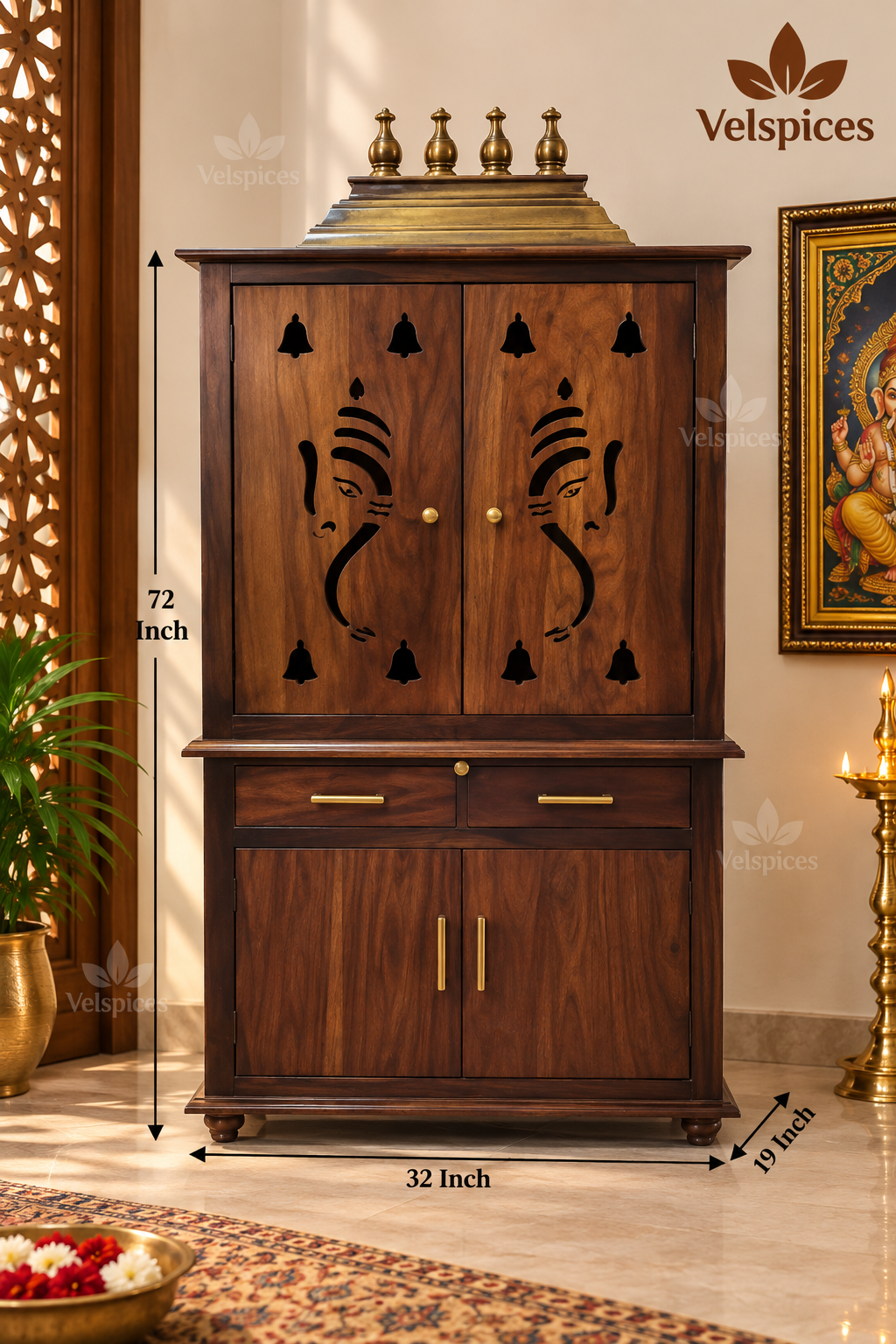 Bhakti - Temple AET124 (32 x 19 x 72 Inch ) | Dark Brown Sesame/Veneer Wood Mandir | SKU Code: BKTTEM2030 | Online Stock Only | Product of India