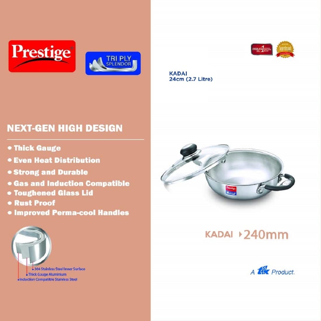 Prestige Tri Ply Splendor 24Cm Kadai With Glass Lid (2.7L)
