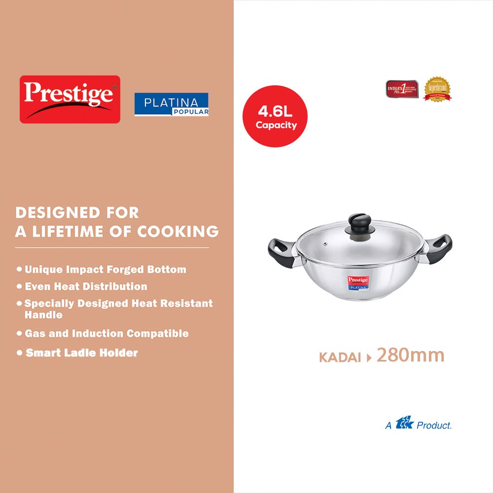 Prestige Platina Popular Stainless Steel Kadai 28Cm/4.6L