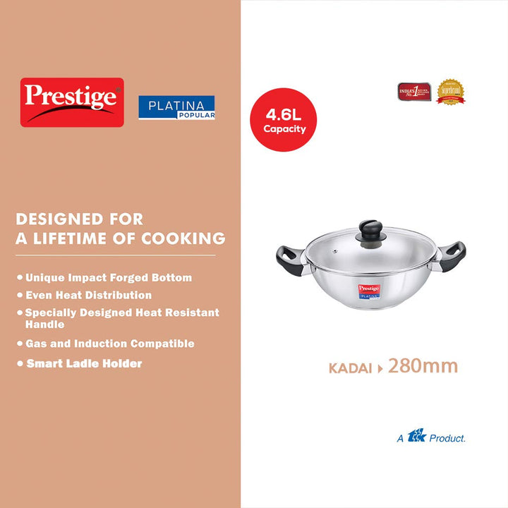 Prestige Platina Popular Stainless Steel Kadai 28Cm/4.6L