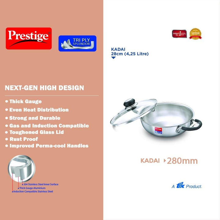 Prestige Tri Ply Splendor 28Cm Kadai With Glass Lid (4.25L)