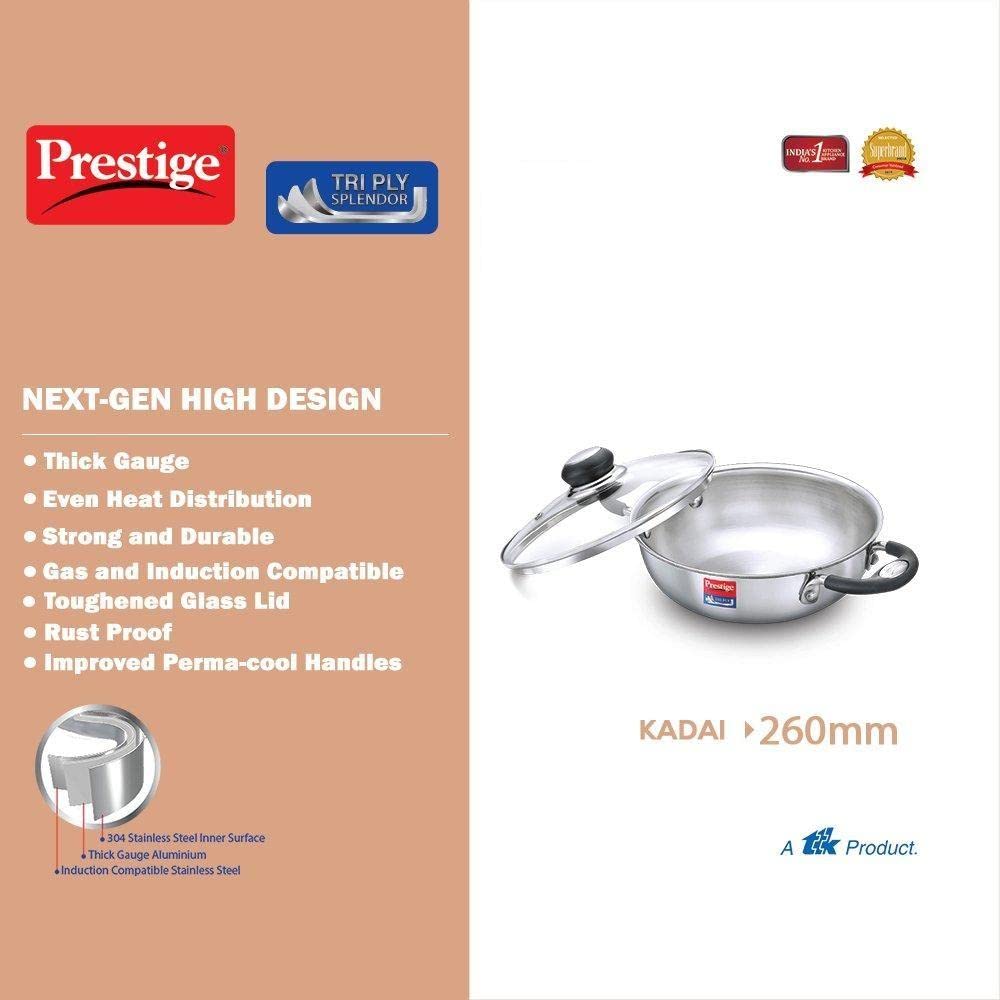 Prestige Triply Splendor Dia 26Cm Kadai With Glass Lid 3.25L