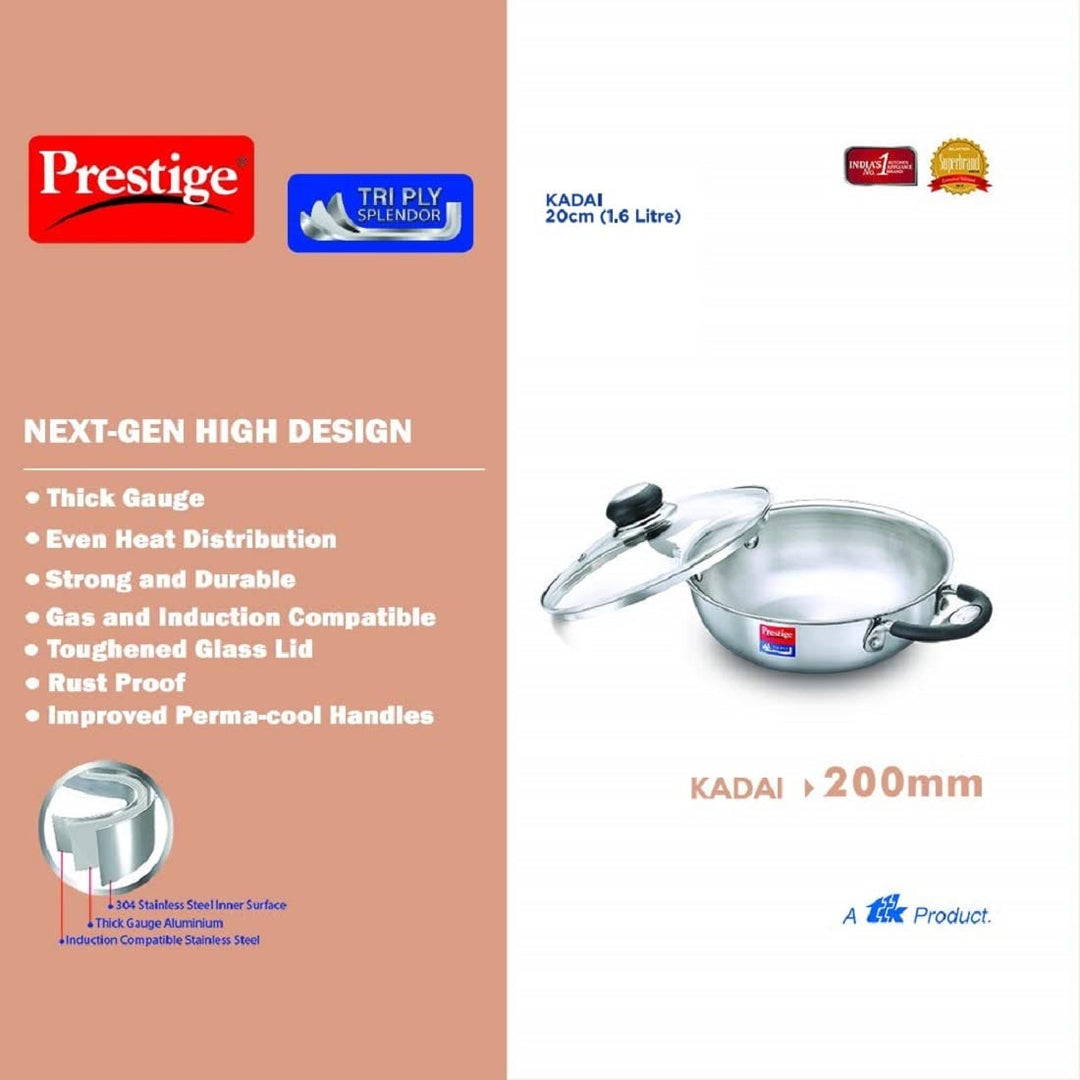 Prestige Tri Ply Splendor 20Cm Kadai With Glass Lid (1.6L)